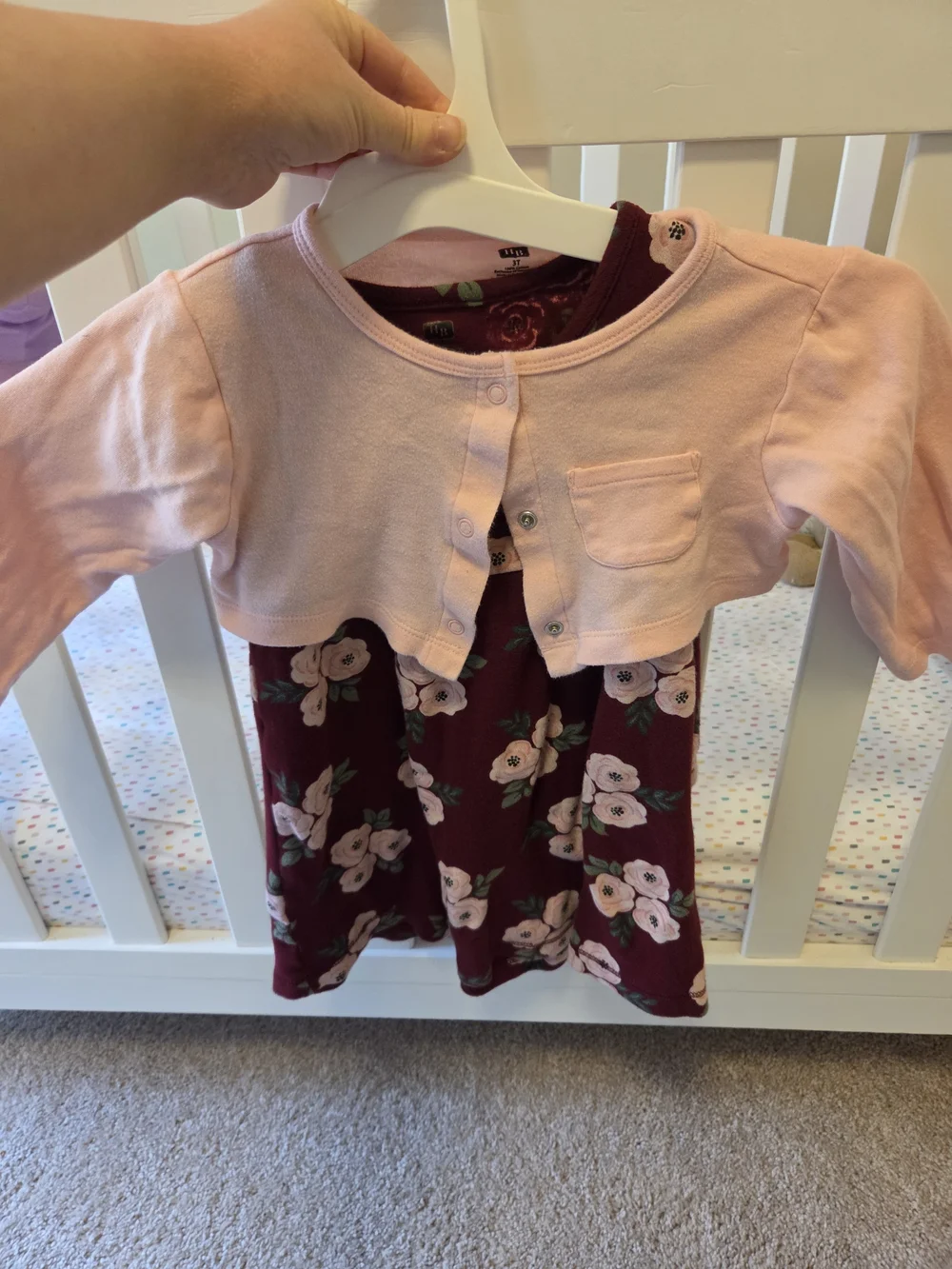 Girls Pink Cardigan & Burgundy Floral Dress Set